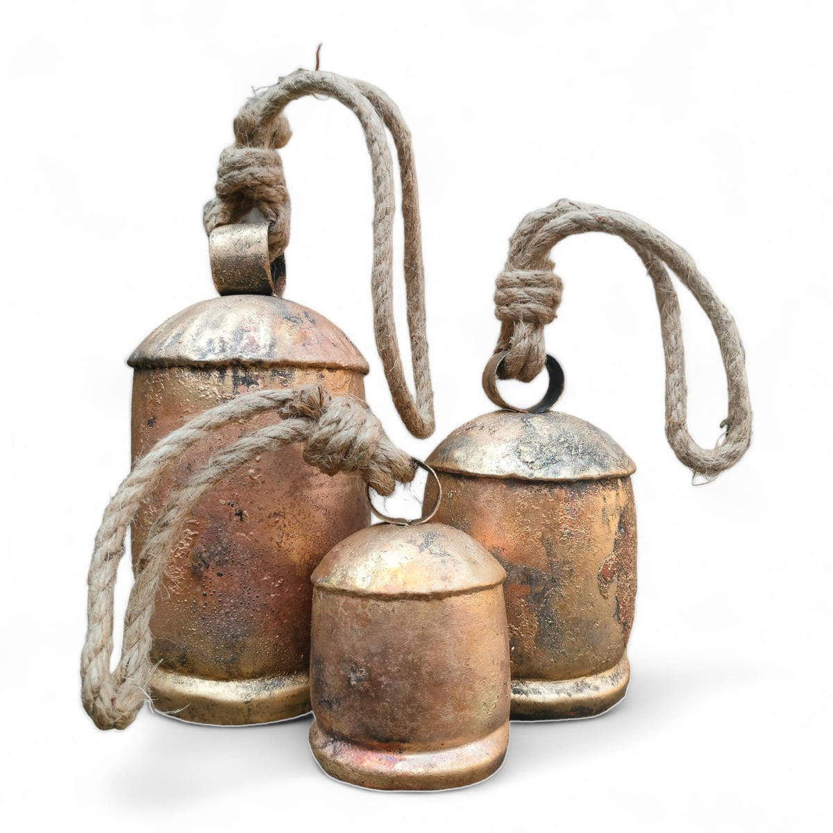 Siddhivinayak Overseas front view of three bells showing rustic finish and coordinated sizes
