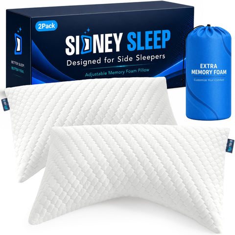 Sidney Sleep front packaging showing two queen pillows and extra foam, convenient storage