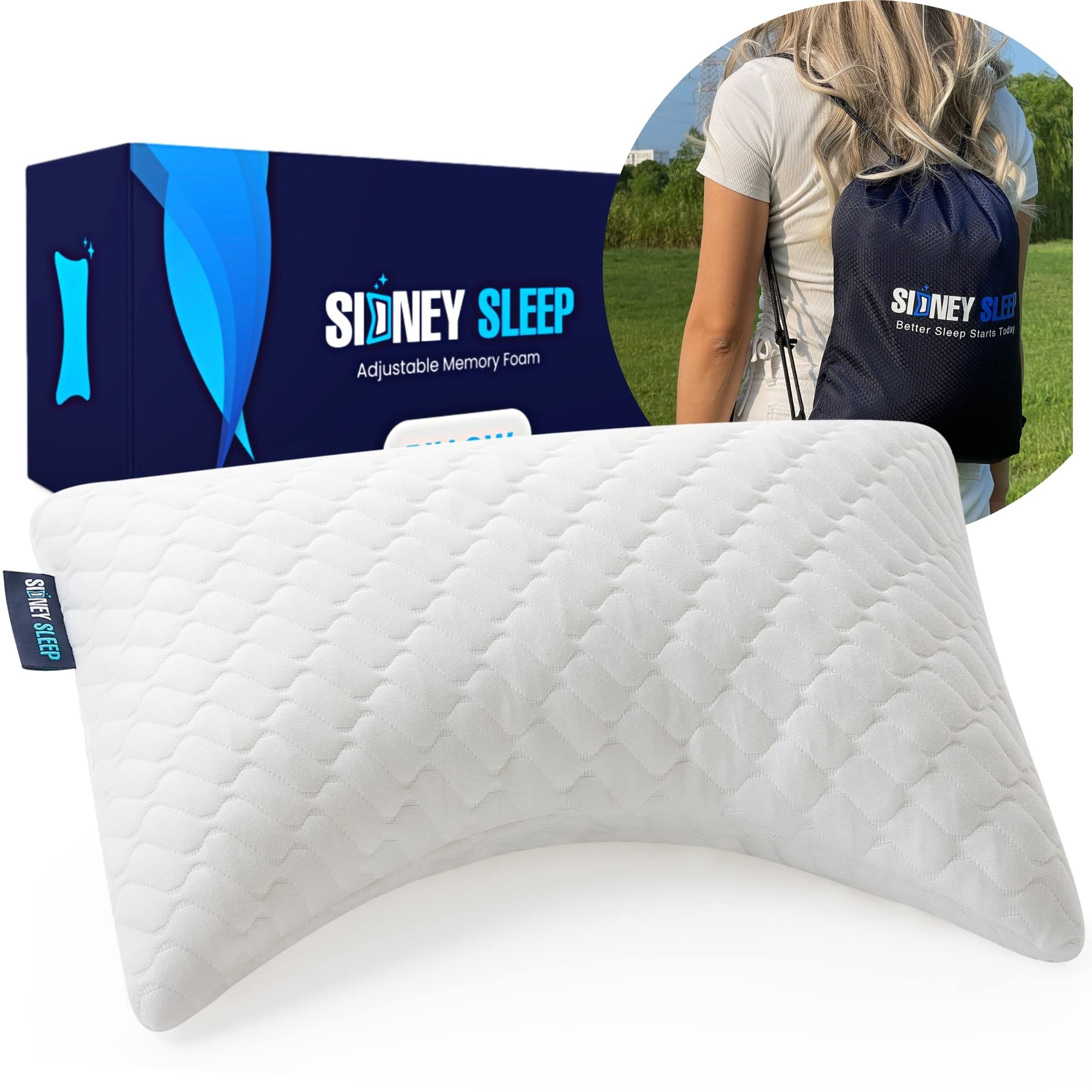Sidney Sleep front view of mini pillow showing curved shape for travel support