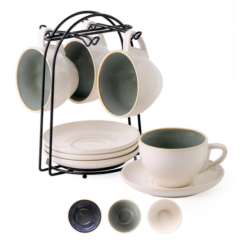 SIDUCAL front view of four cups and saucers showing rustic set and tidy presentation