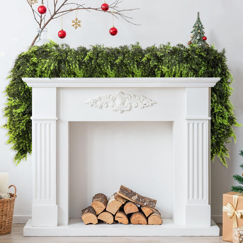 SIECCY garland draped across a mantel styled with candles showing easy decorating and cozy ambiance