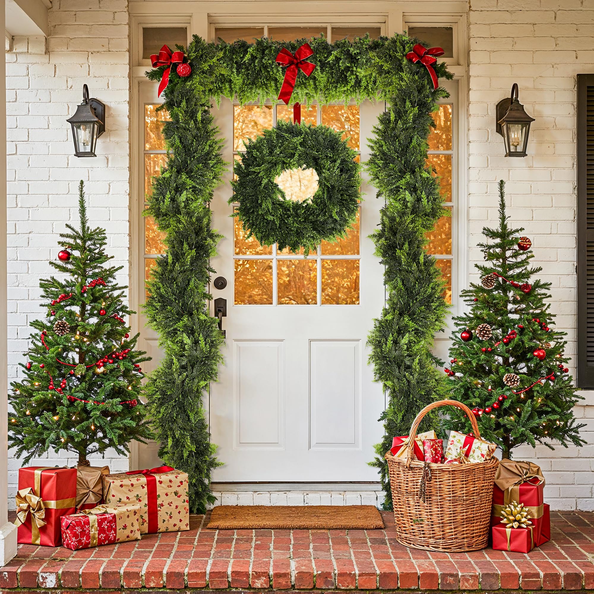 SIECCY garland hung on a covered porch providing seasonal curb appeal while resisting mess