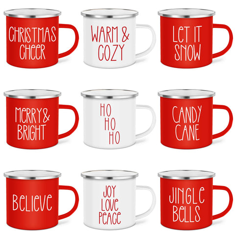 Sieral front view of nine red and white enamel mugs showing festive design and set benefit