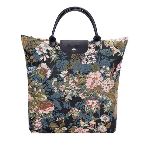 Signare peony tote front view showing full floral design and zip closure, stylish and spacious