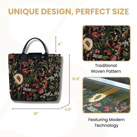 Signare tote in use carrying groceries, peony design boosts style while holding shopping items