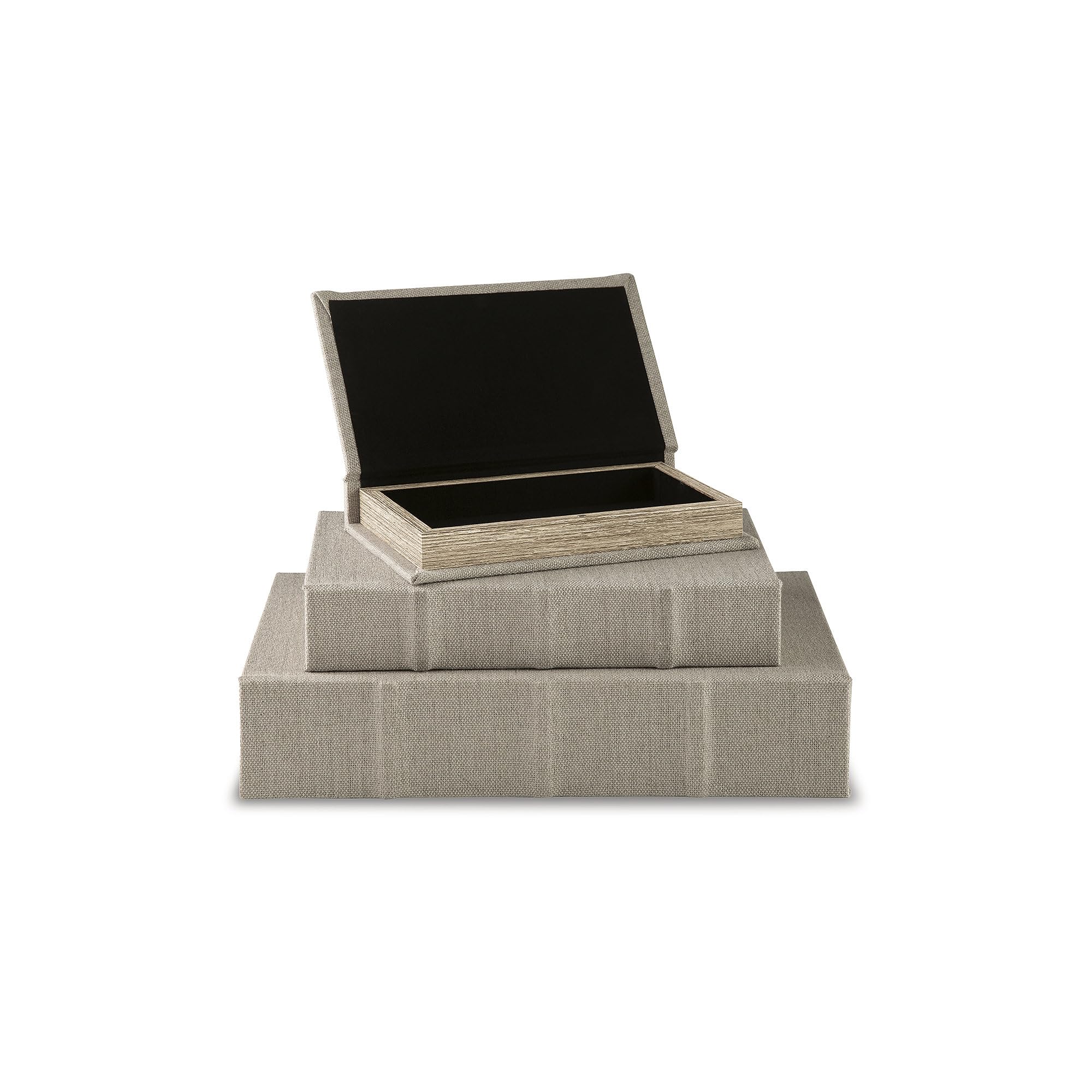 Signature Design by Ashley boxes styled on coffee table hiding remotes and clutter