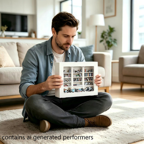 SIHPTO bookshelf held in hand to show scale and easy portability benefit