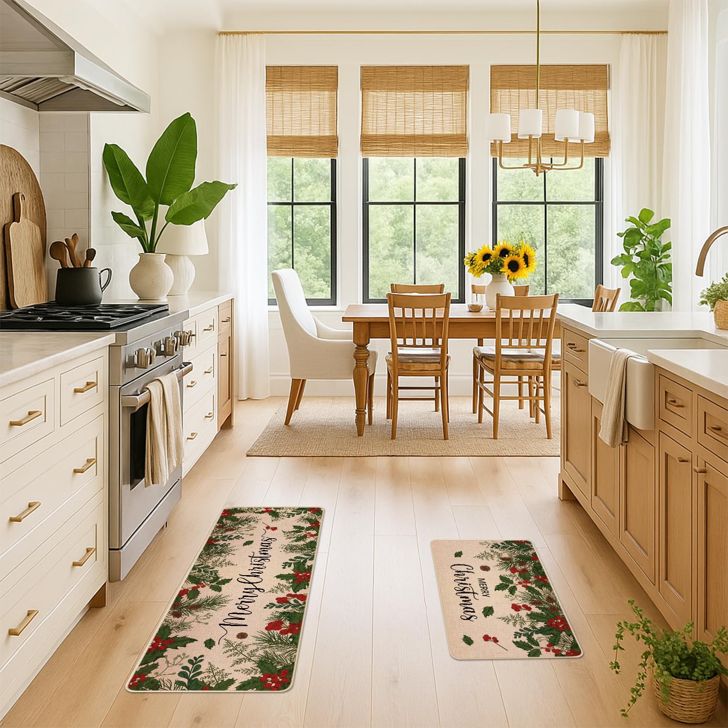 Siilues runner placed by kitchen cabinets showing coordinated holiday styling