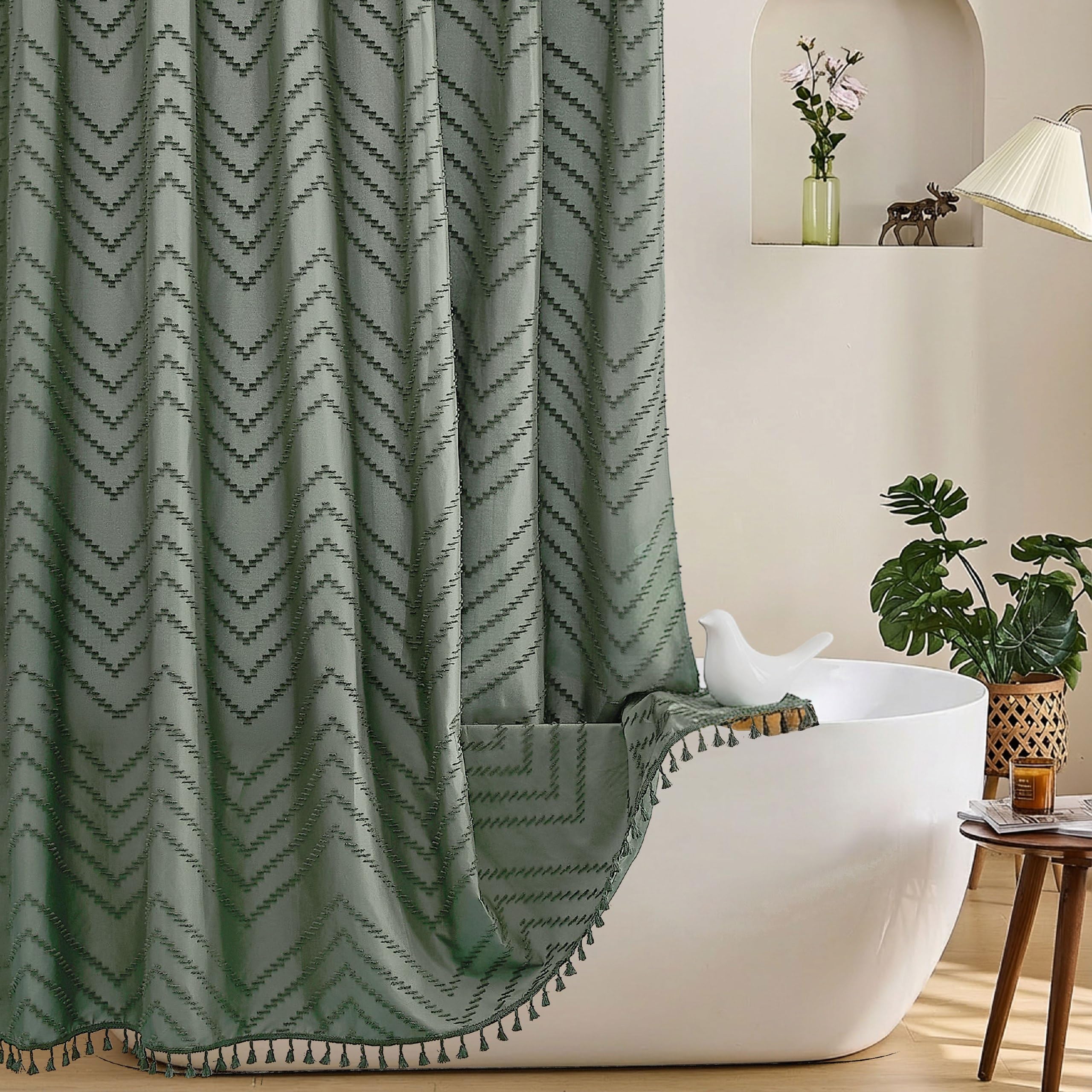 siiluminisoy front view sage shower curtain shows full coverage and privacy benefit