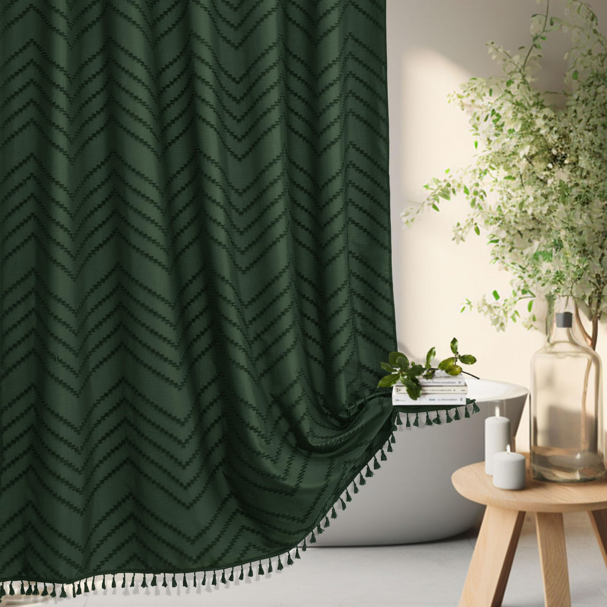 Siiluminisoy front view shower curtain showing full emerald panel and clean fit