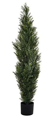 Silk Tree Warehouse cedar topiary styled on a patio highlighting low-maintenance greenery