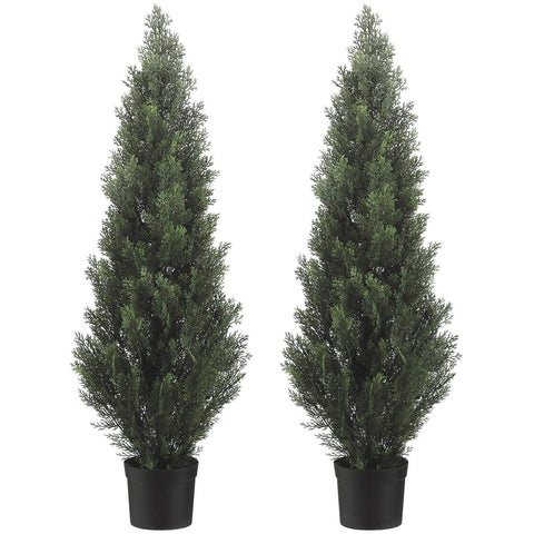 Silk Tree Warehouse front view of two potted cedar topiary trees, instant curb appeal