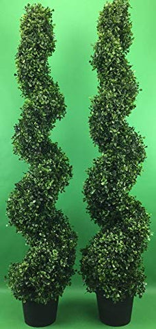 Silk Tree Warehouse front view of two 4-foot spiral boxwood topiaries showing symmetry and curb appeal