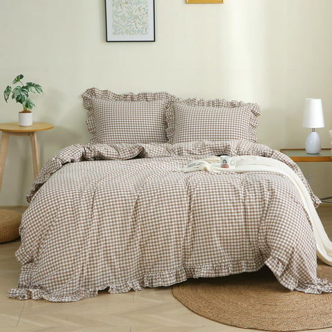Silnuo front view queen duvet cover showcasing taupe gingham and ruffles for cozy style