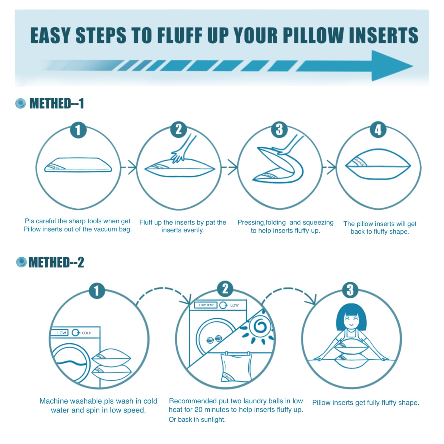 Siluvia pillows in washer and dryer illustrating easy-care convenience