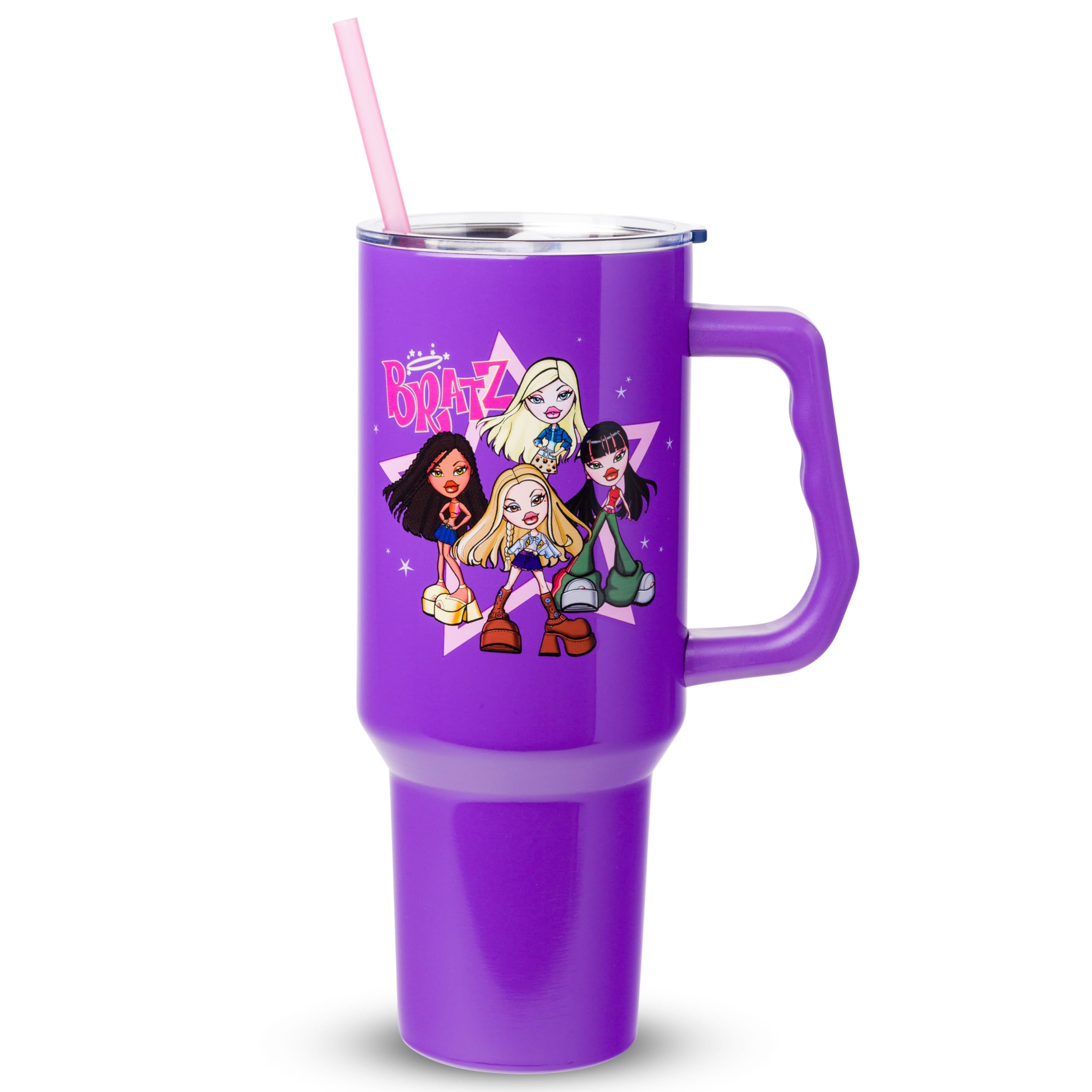 Silver Buffalo Bratz tumbler front view showing characters and logo, stylish fan appeal