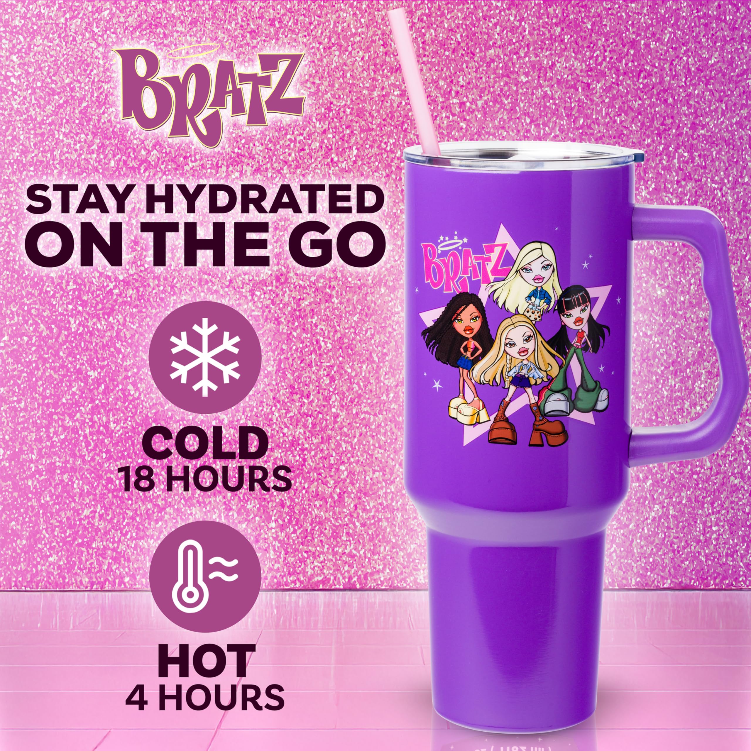 Silver Buffalo Bratz tumbler close-up of handle for comfortable carrying benefit