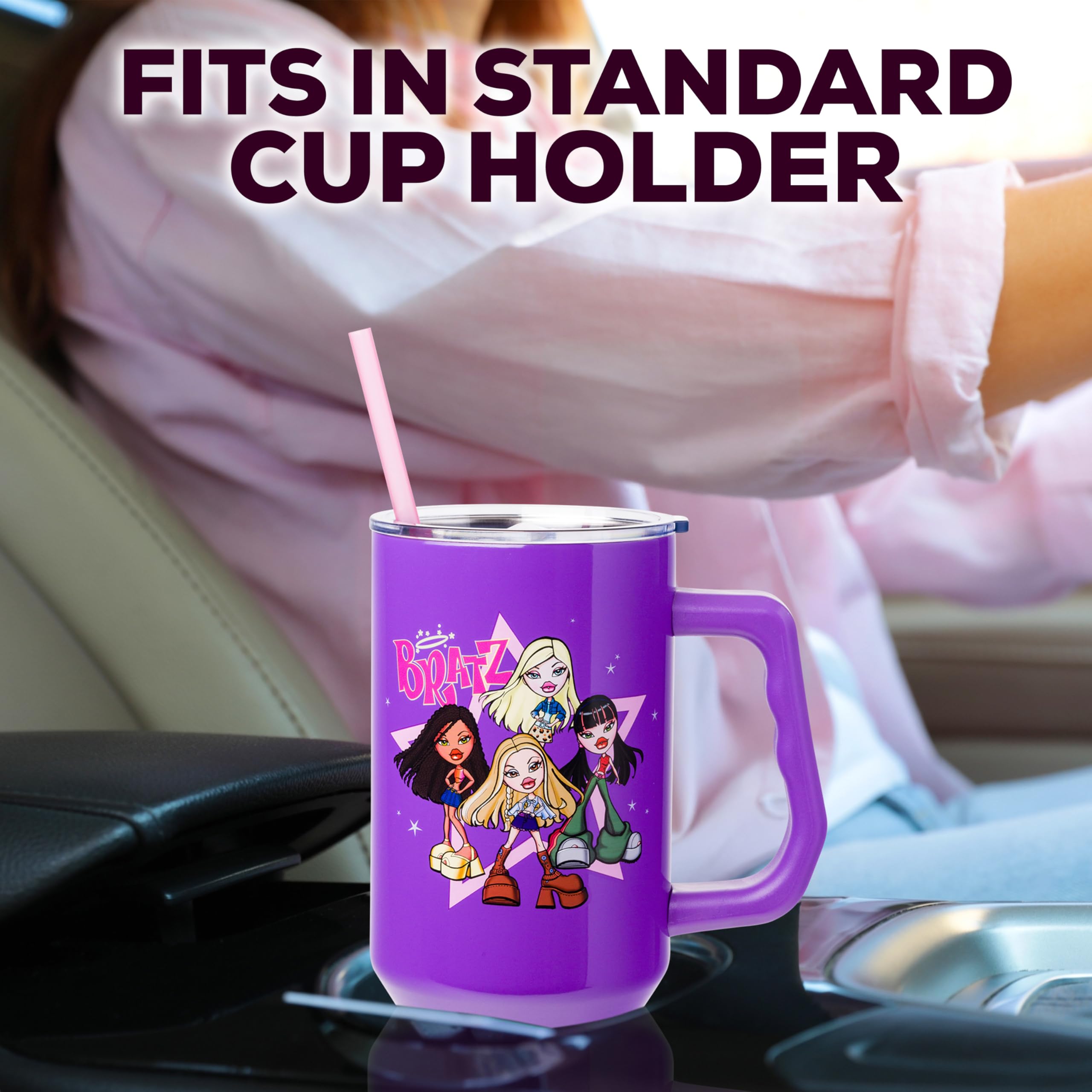 Silver Buffalo Bratz tumbler held in hand showing portable design for on-the-go use