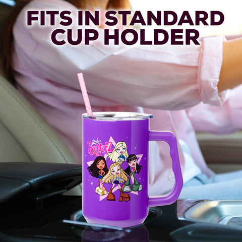 Silver Buffalo Bratz tumbler held in hand showing portable design for on-the-go use
