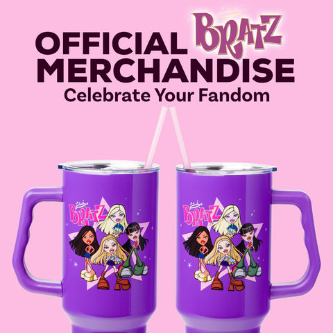 Silver Buffalo Bratz tumbler beside a water bottle showing 40oz capacity for long outings