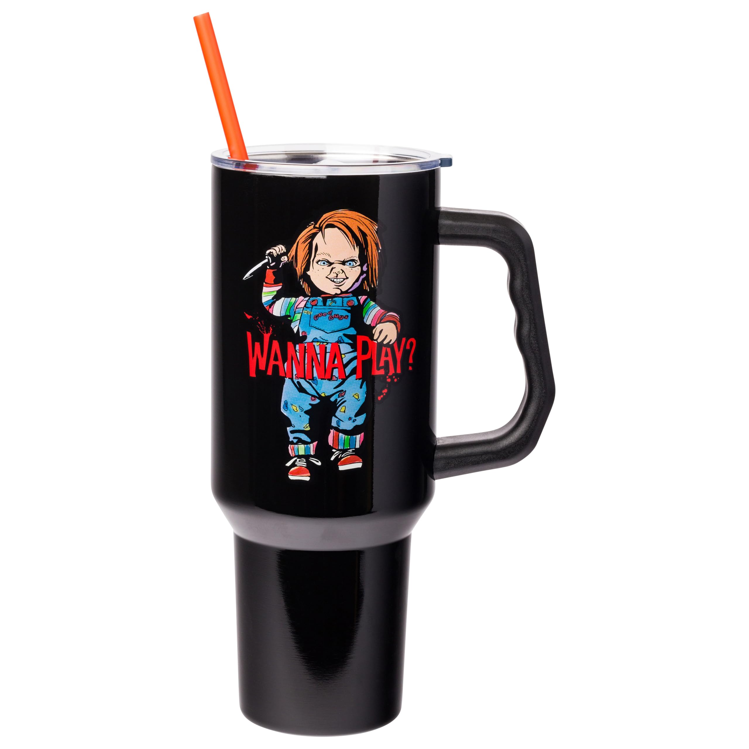 Silver Buffalo tumbler front view showing Chucky art and bold "Wanna play?" for fandom display