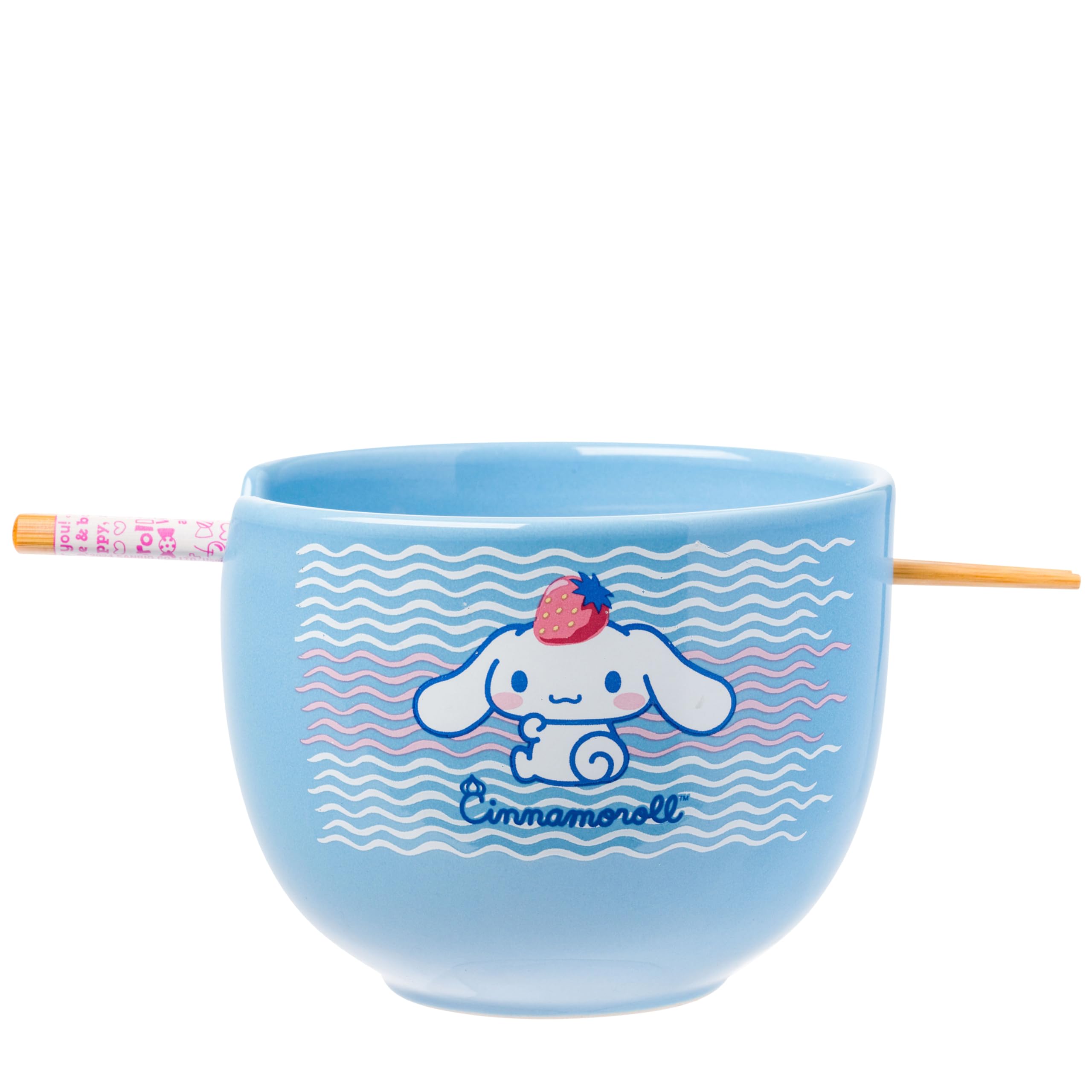 Silver Buffalo Cinnamoroll front view showing bowl and chopsticks, playful presentation