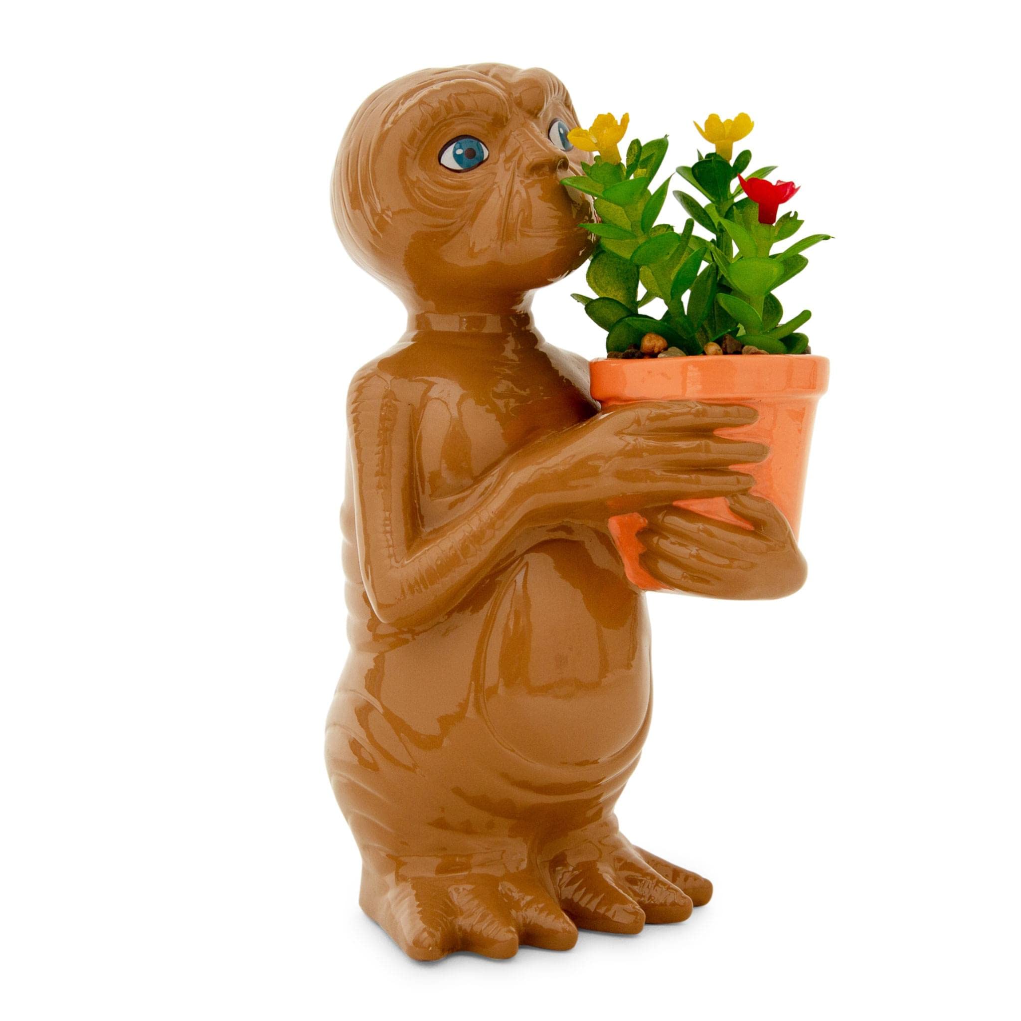 Silver Buffalo side profile of the E.T. ceramic planter showing sculpted details and stable base
