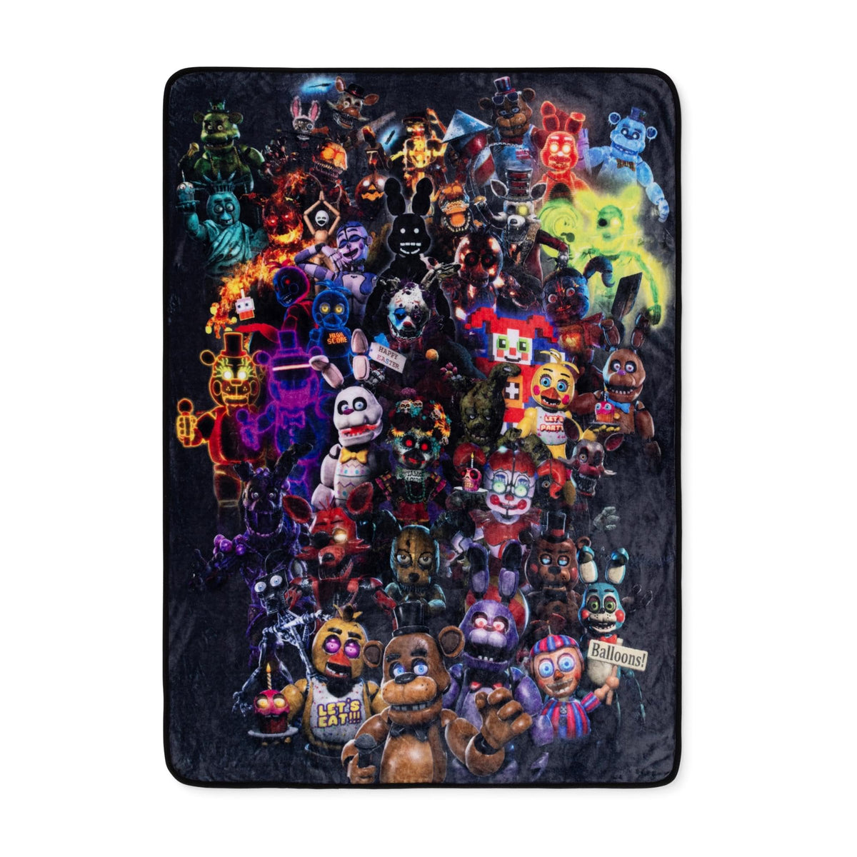 Silver Buffalo front view of FNAF throw showing full collage, great visual impact