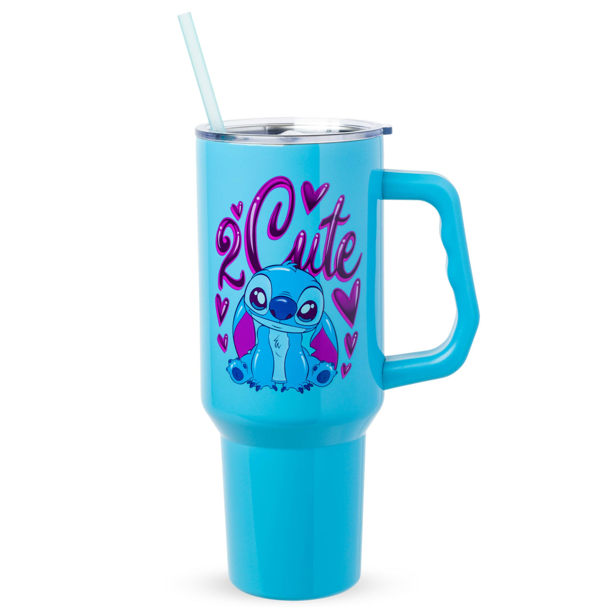 Silver Buffalo front view of tumbler showing Stitch and hearts, bright design benefit