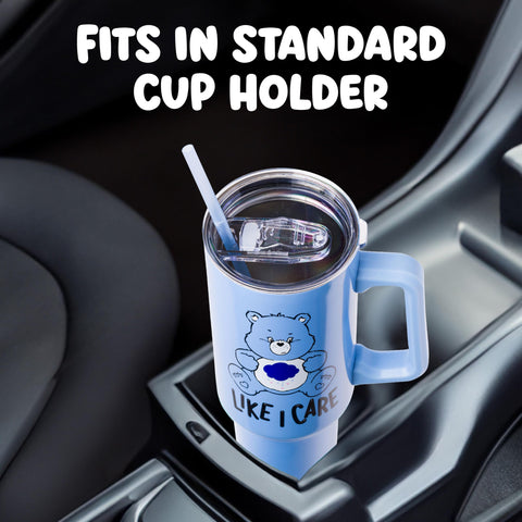 Silver Buffalo Grumpy Bear in car cup holder showing travel convenience benefit