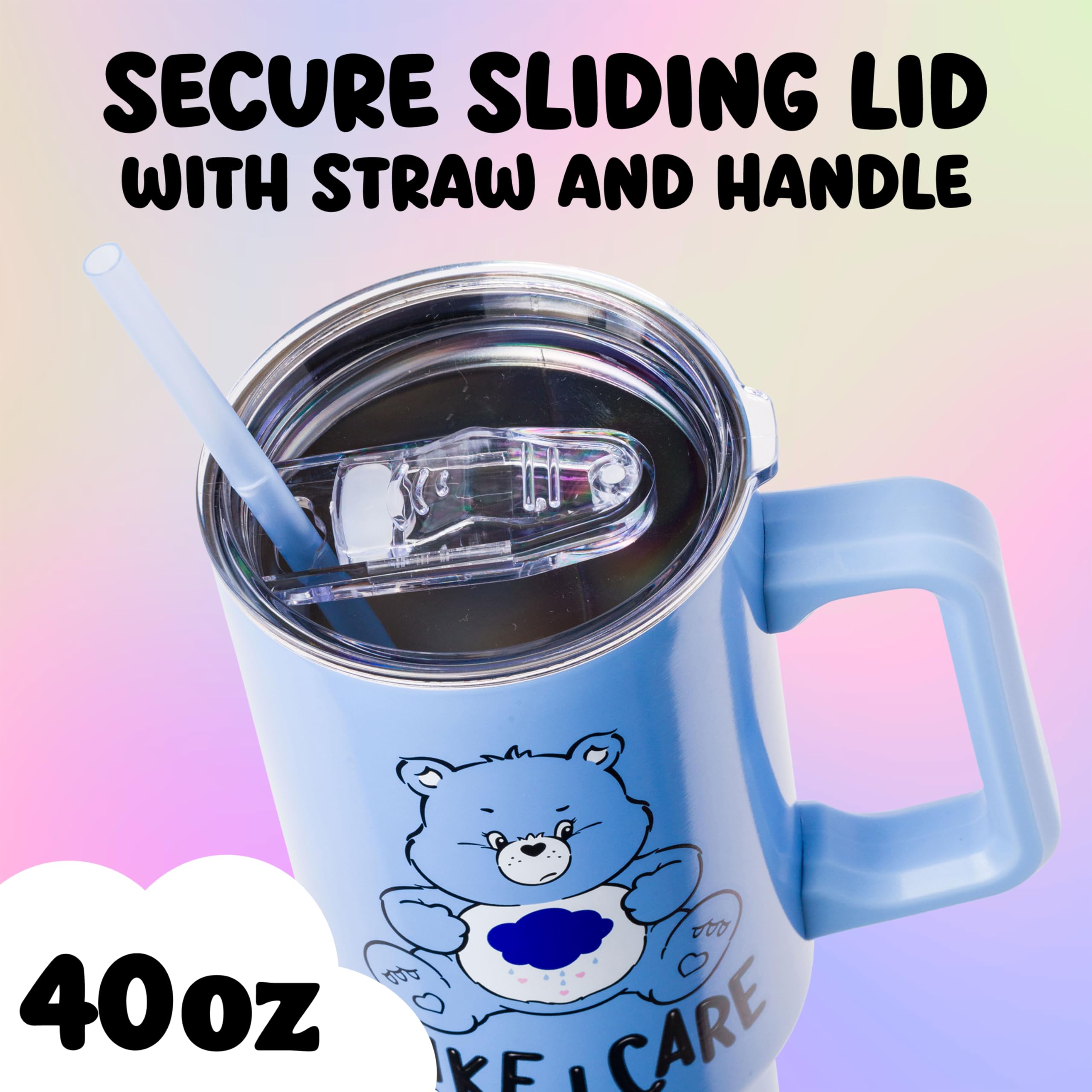 Silver Buffalo Grumpy Bear sliding lid and straw closeup for spill-reduced sipping