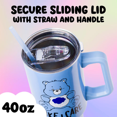 Silver Buffalo Grumpy Bear sliding lid and straw closeup for spill-reduced sipping