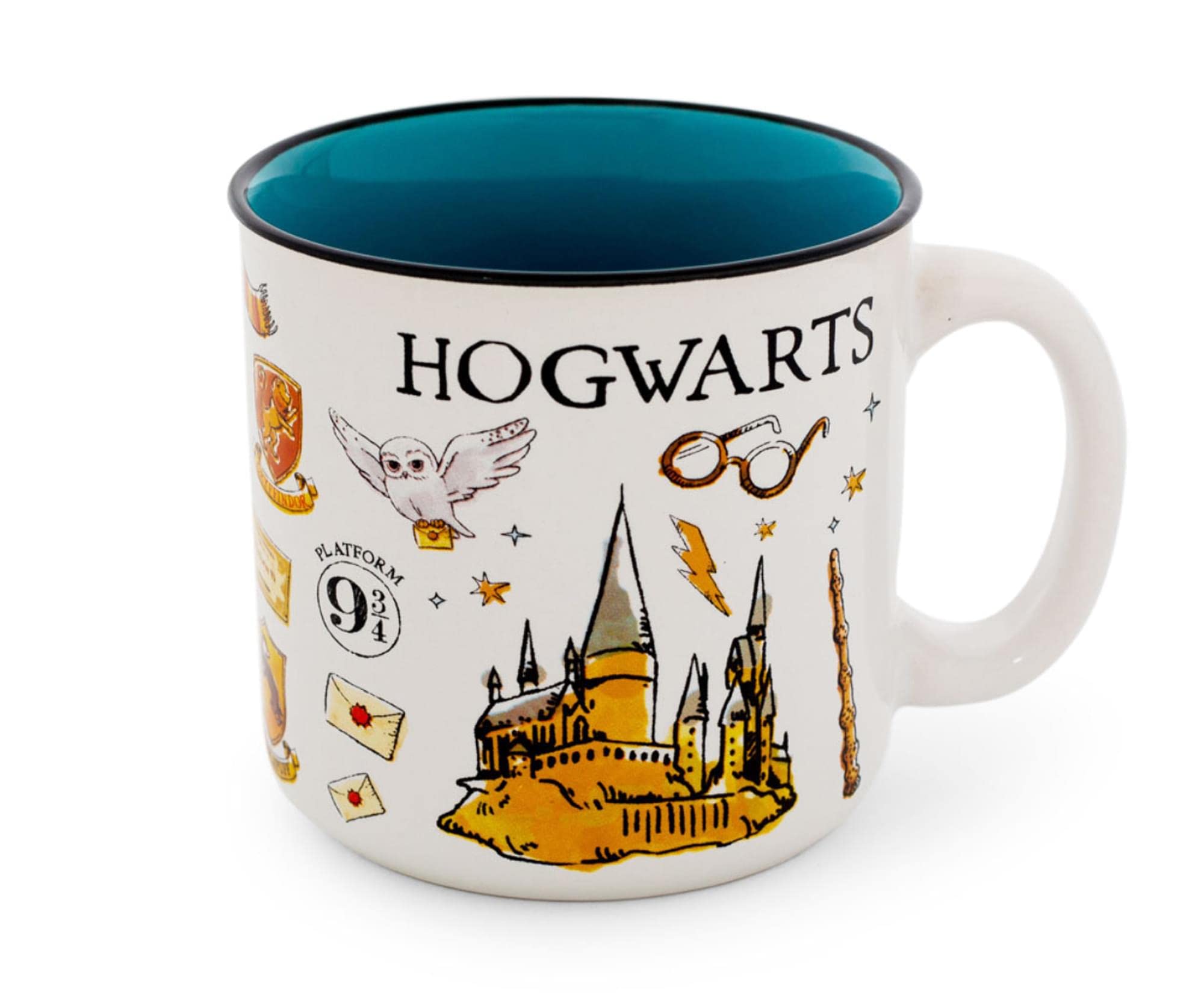 Silver Buffalo camper mug front view showing Hogwarts icons and benefit display appeal