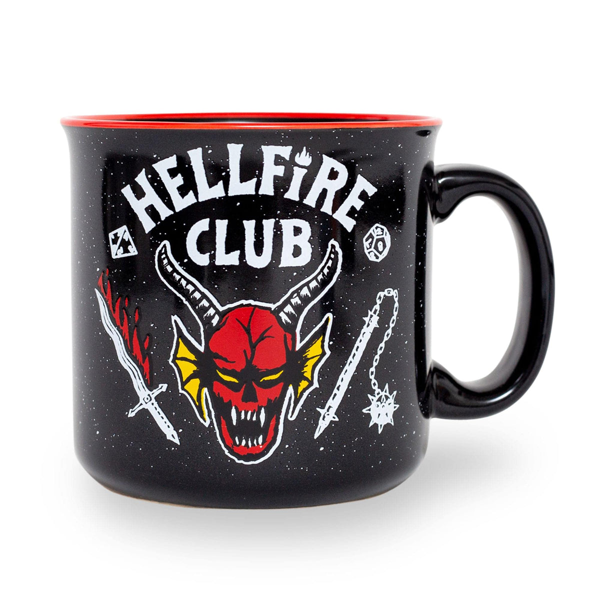 Silver Buffalo mug front view showing Hellfire Club logo and large capacity benefit