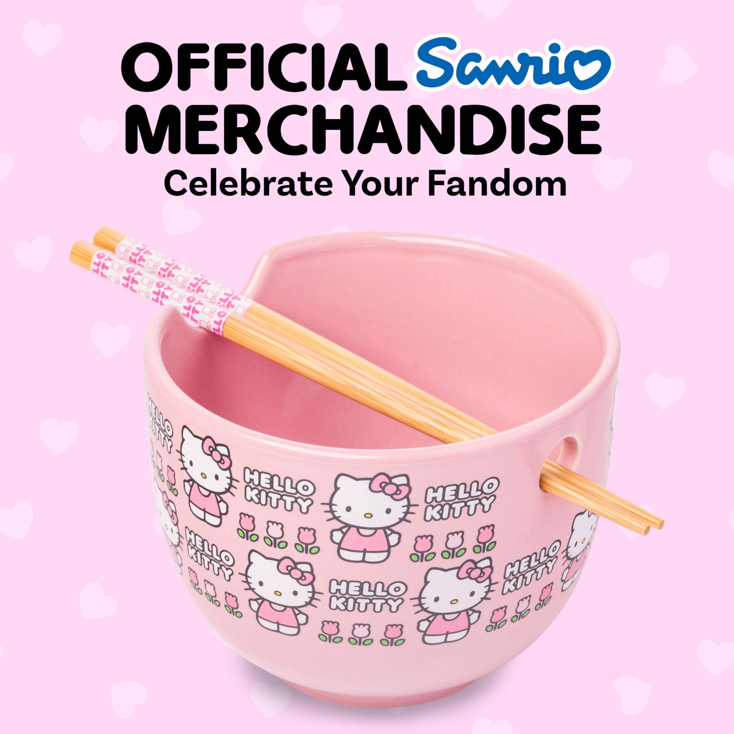 Silver Buffalo Hello Kitty bowl filled with ramen showing practical everyday use