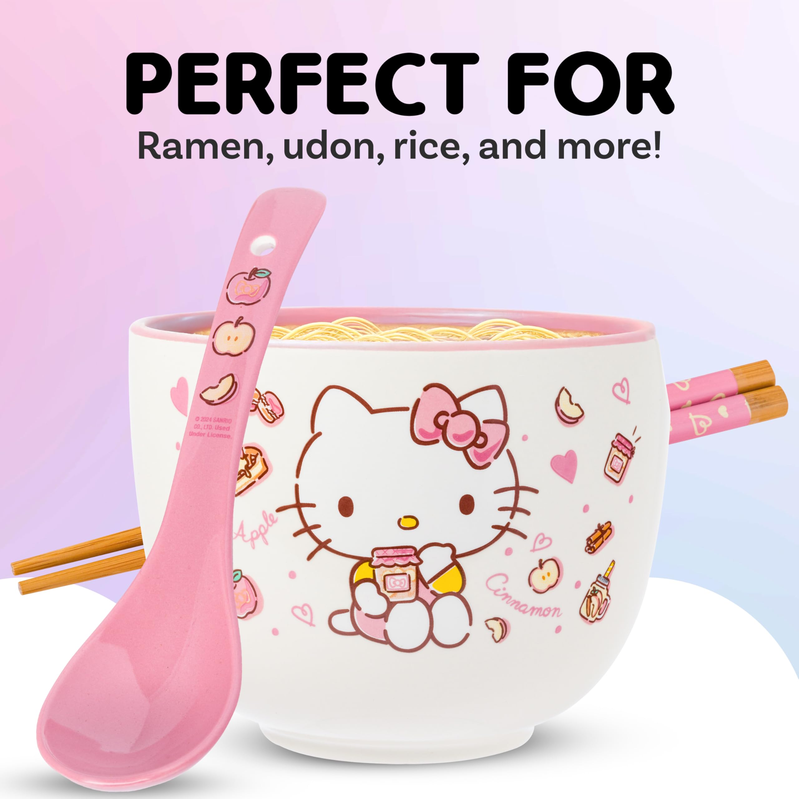 Silver Buffalo Hello Kitty matching chopsticks and spoon displayed, coordinated dining set benefit