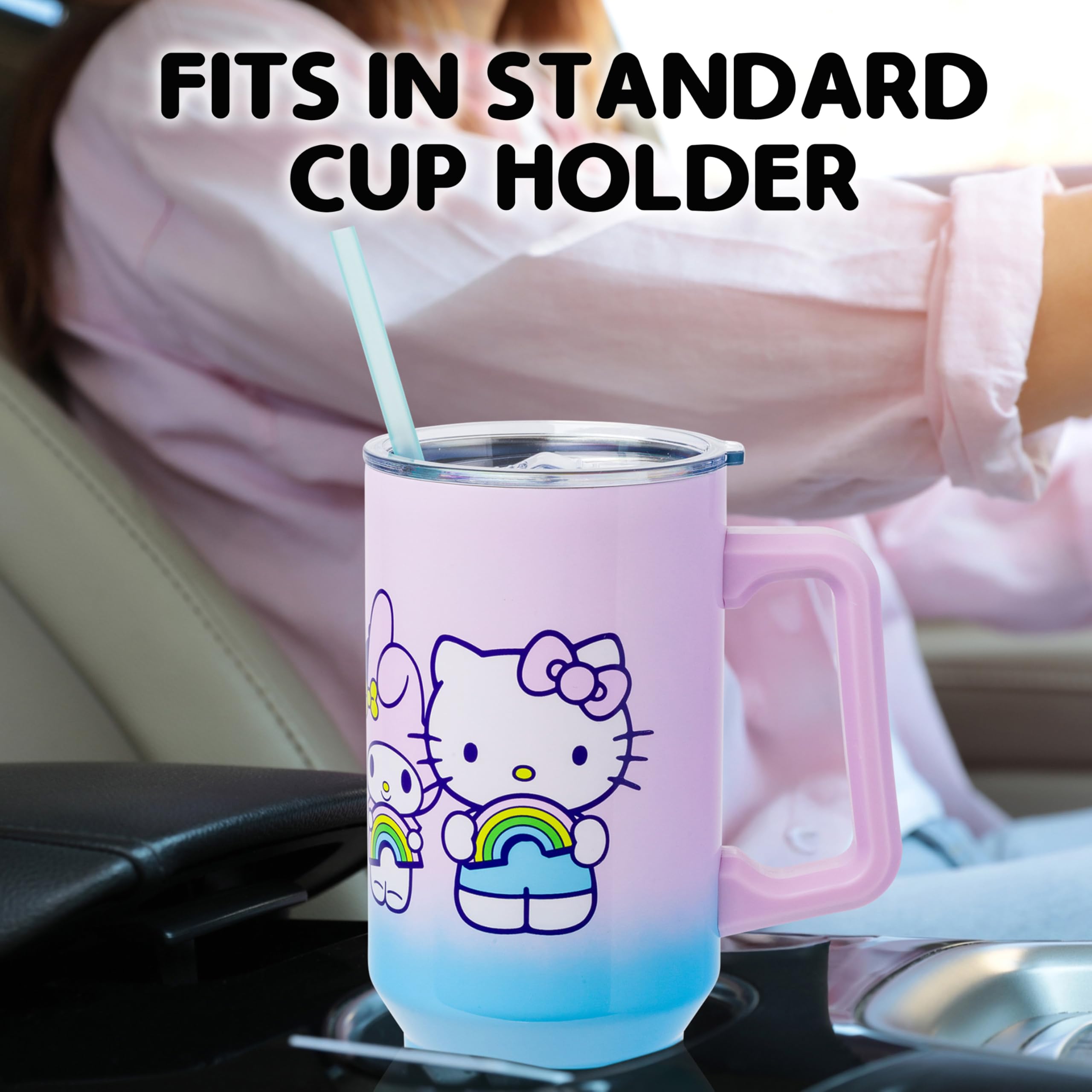 Silver Buffalo Hello Kitty tumbler seated in a car cup holder for hands-free travel