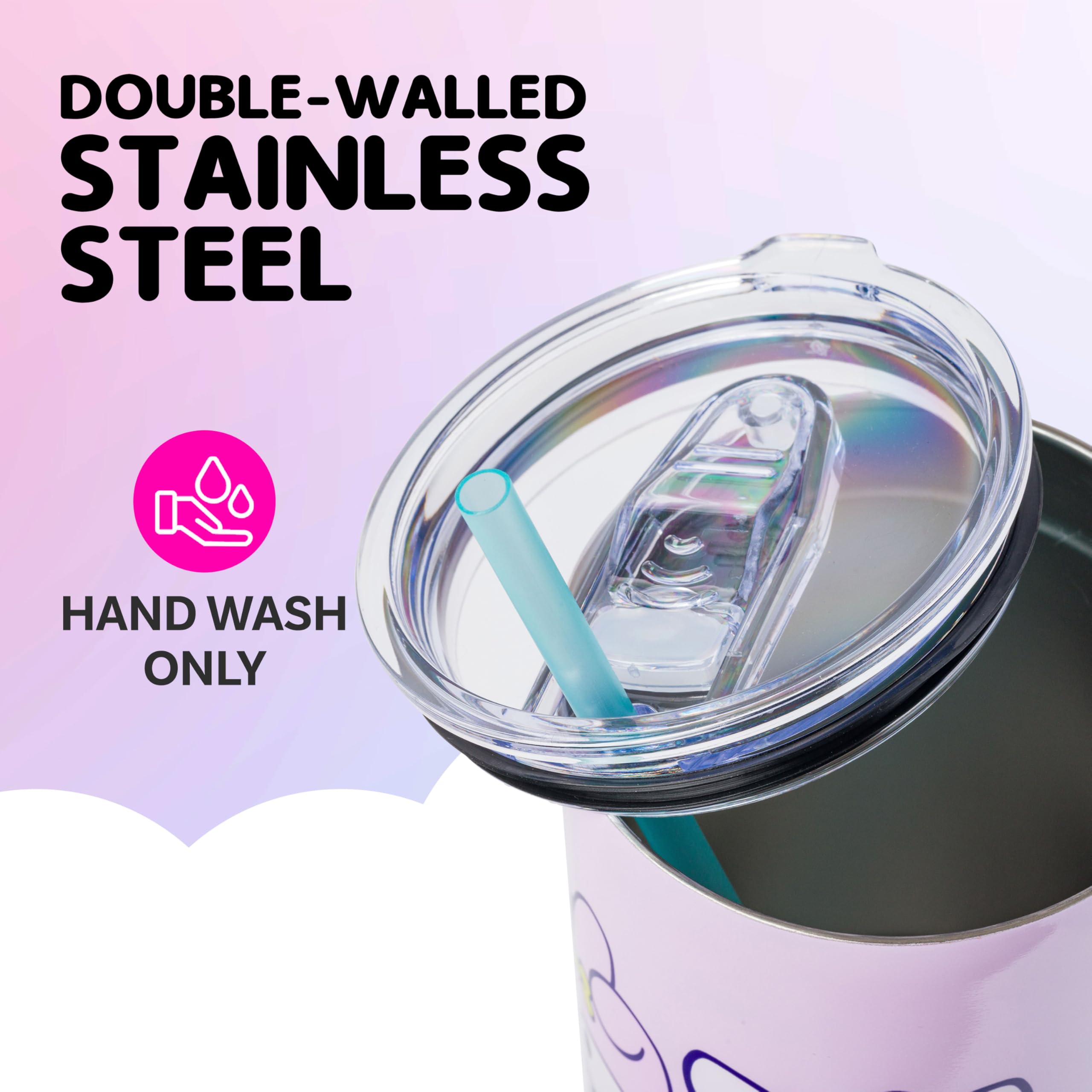 Silver Buffalo lid and straw detail on Hello Kitty tumbler showing spill-resistant design
