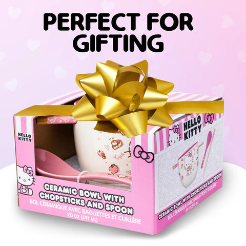 Silver Buffalo Hello Kitty set staged in a kitchen, adds seasonal warmth to meals