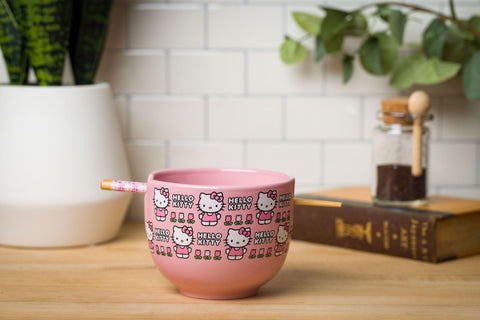 Silver Buffalo Hello Kitty bowl placed in a kitchen scene showing playful tableware