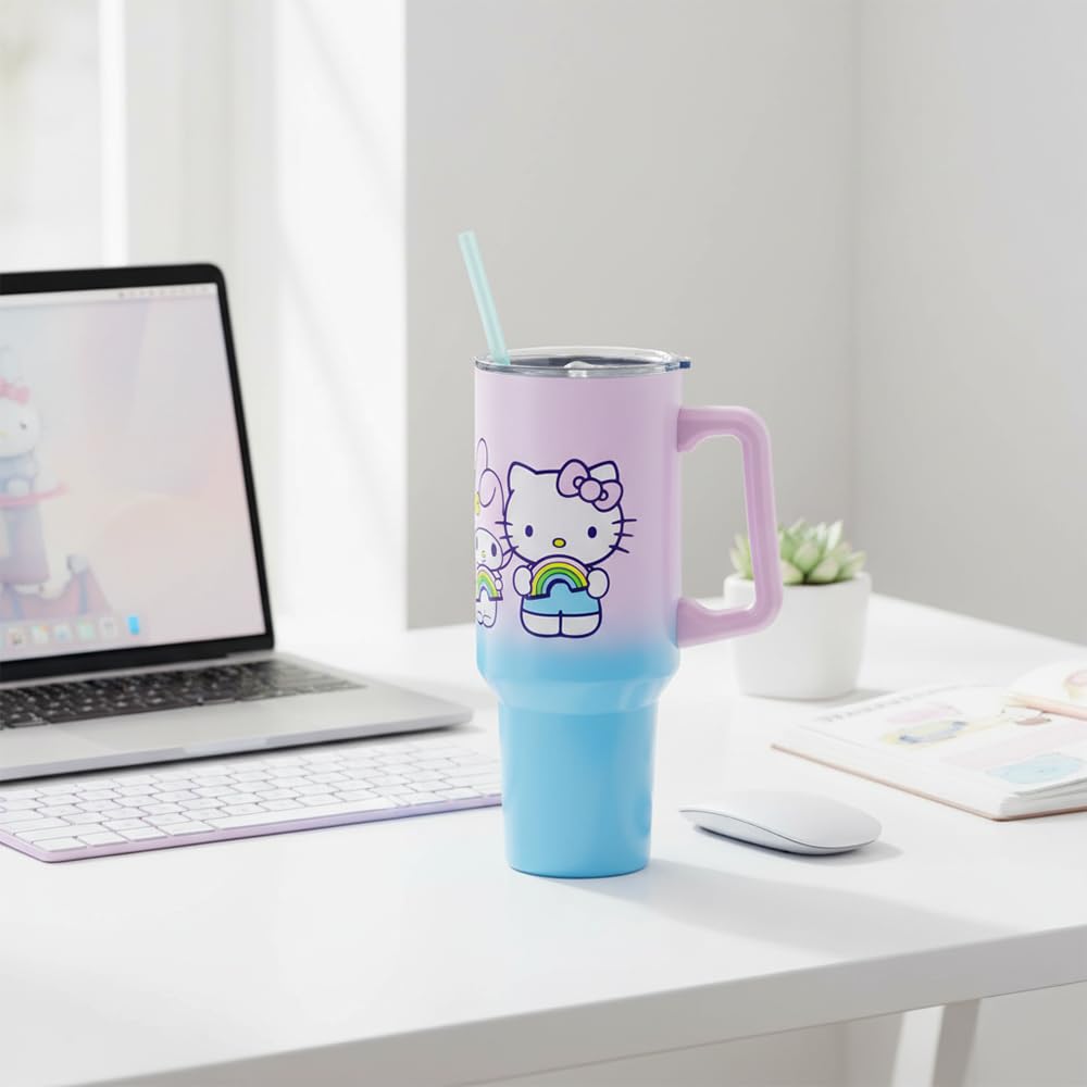 Silver Buffalo Hello Kitty tumbler styled in a picnic scene showing portability and everyday use