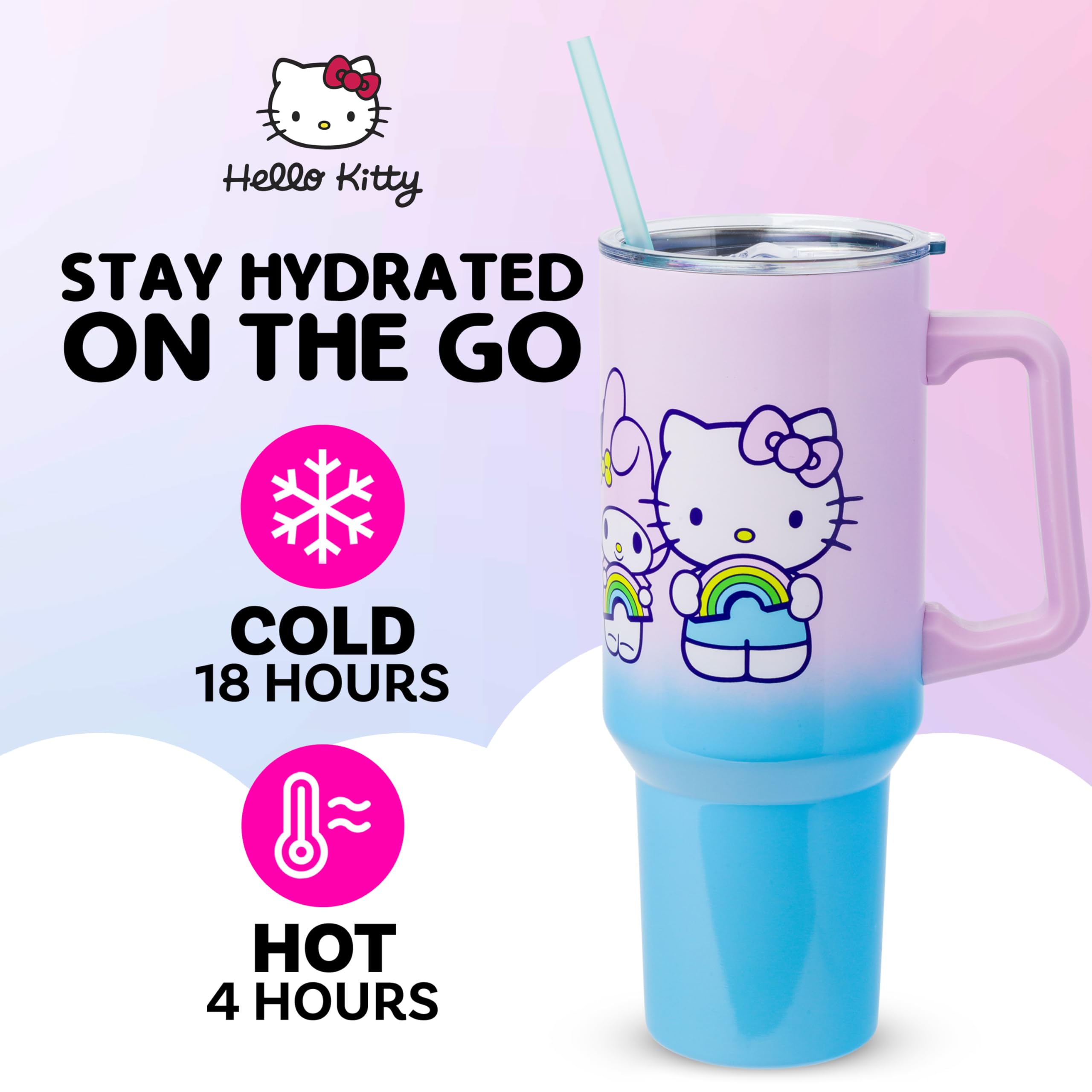 Silver Buffalo close-up of sturdy handle on Hello Kitty tumbler for comfortable carrying