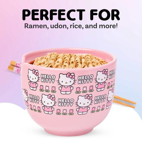Silver Buffalo Hello Kitty bowl side close-up showing floral design and durable finish