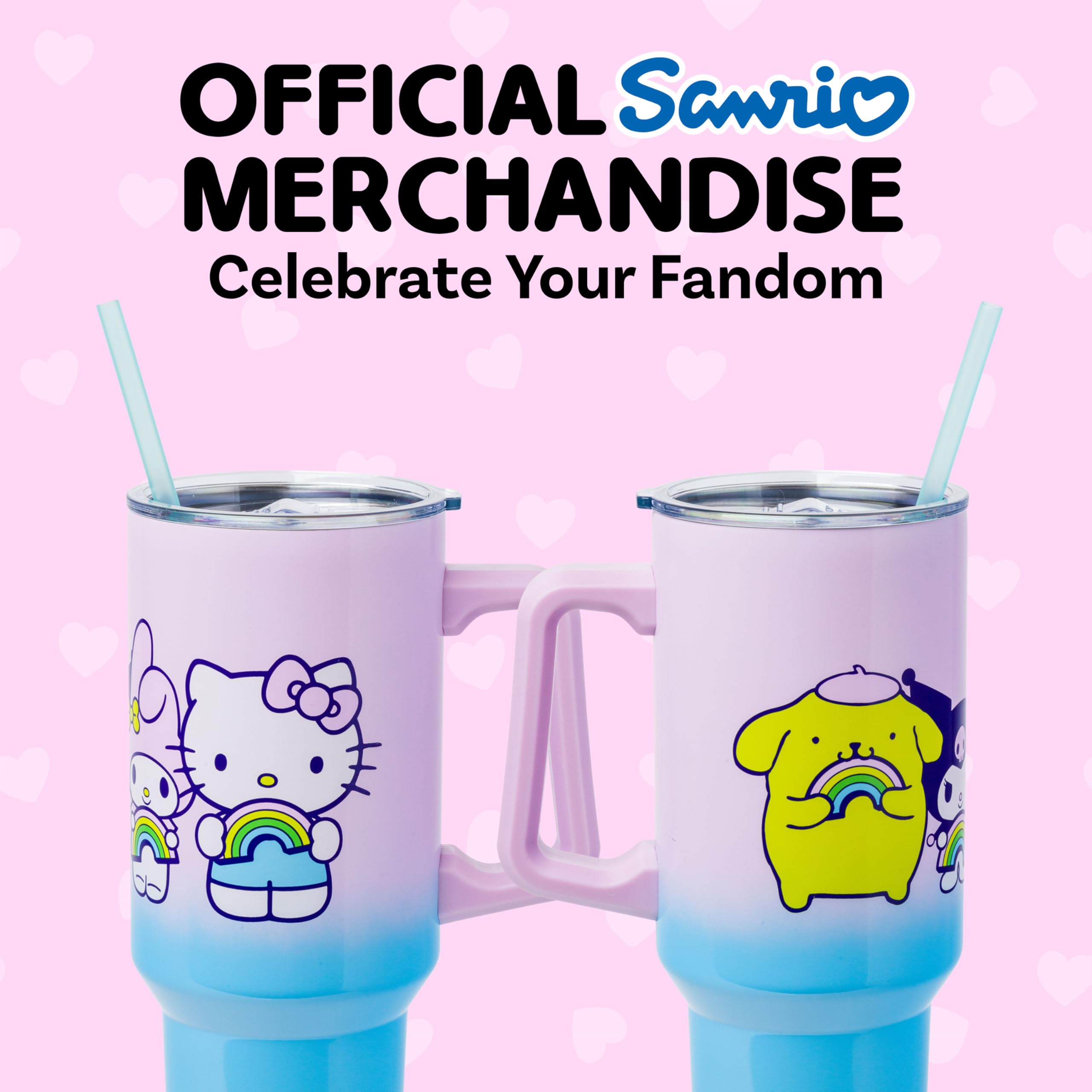 Silver Buffalo Hello Kitty tumbler next to a bottle to show true 40oz size comparison