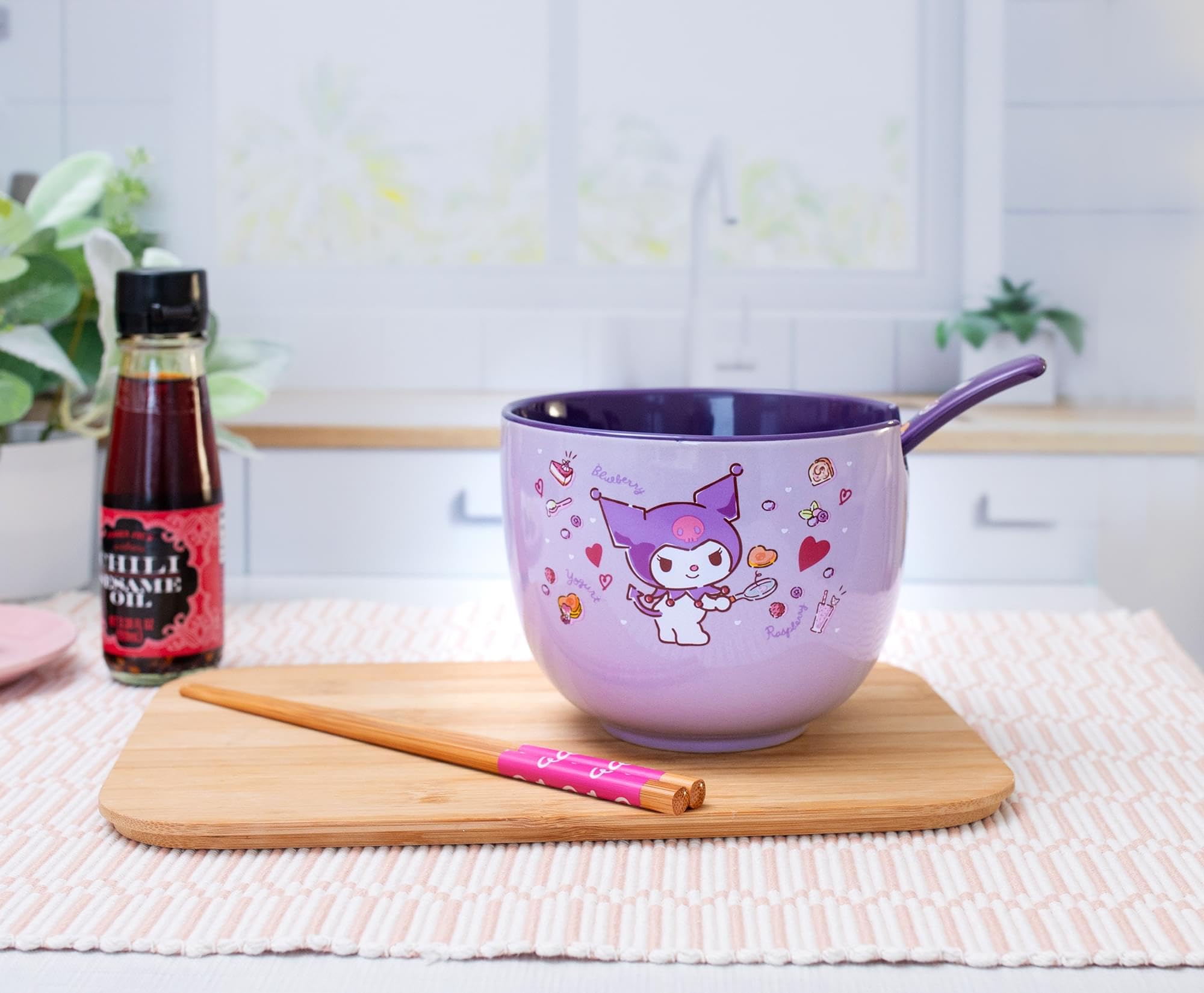 Silver Buffalo Kuromi bowl in use with ramen showcasing generous capacity