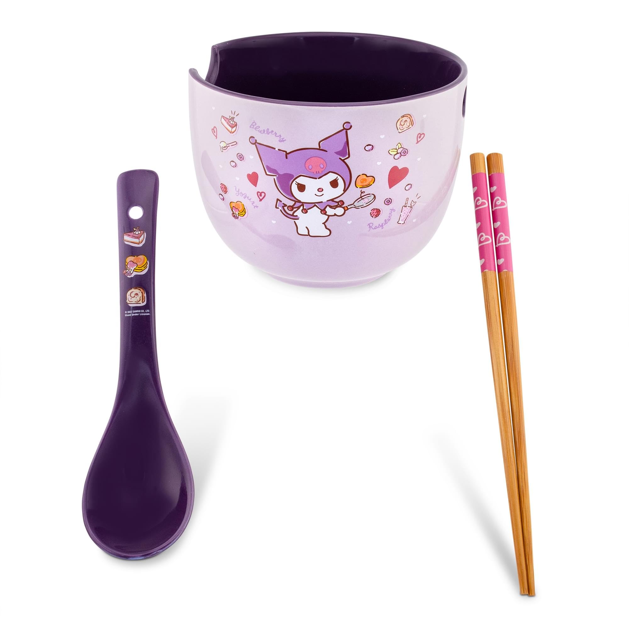 Silver Buffalo Kuromi bowl with spoon and chopsticks, ready to eat for convenience