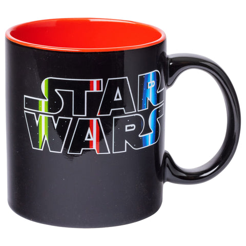 Silver Buffalo mug front view showing lightsaber logo and large capacity benefit
