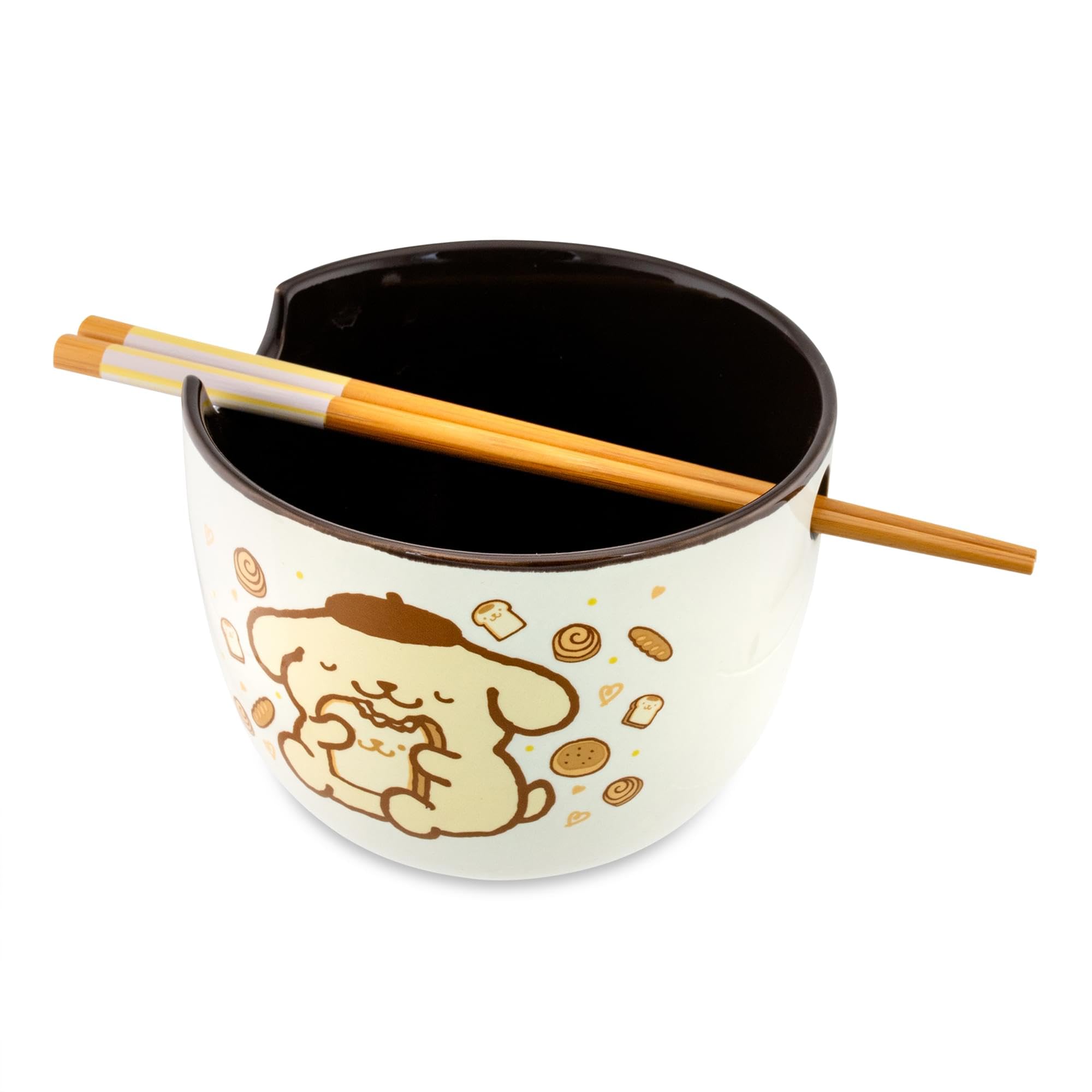 Silver Buffalo Pompompurin set showing ceramic spoon and wooden chopsticks, ready for immediate use