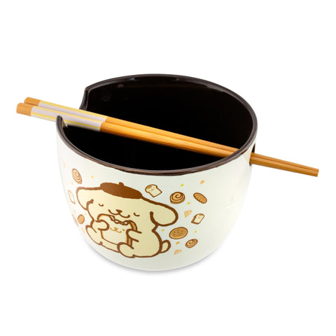 Silver Buffalo Pompompurin set showing ceramic spoon and wooden chopsticks, ready for immediate use
