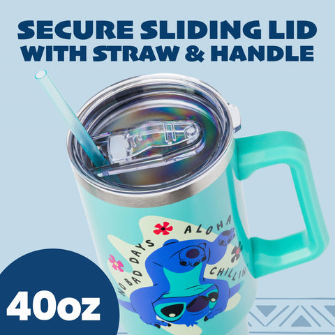 Silver Buffalo sliding lid and straw showing spill-reducing easy-sip convenience